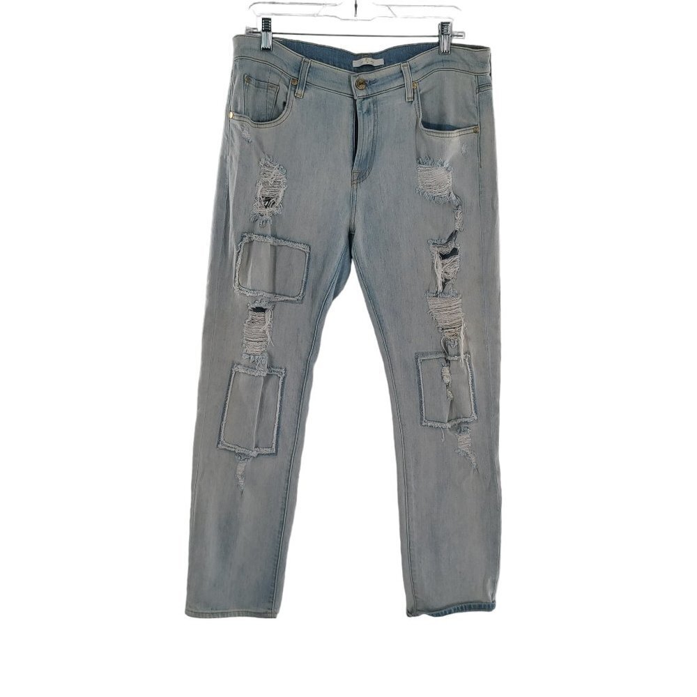 7 For All Mankind Distressed Patch Boyfriend Jeans 30 Rigid Light Washed‎ Denim